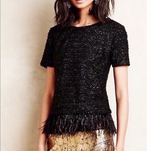 Anthro Deletta XS Shirt Black with Feather Hem